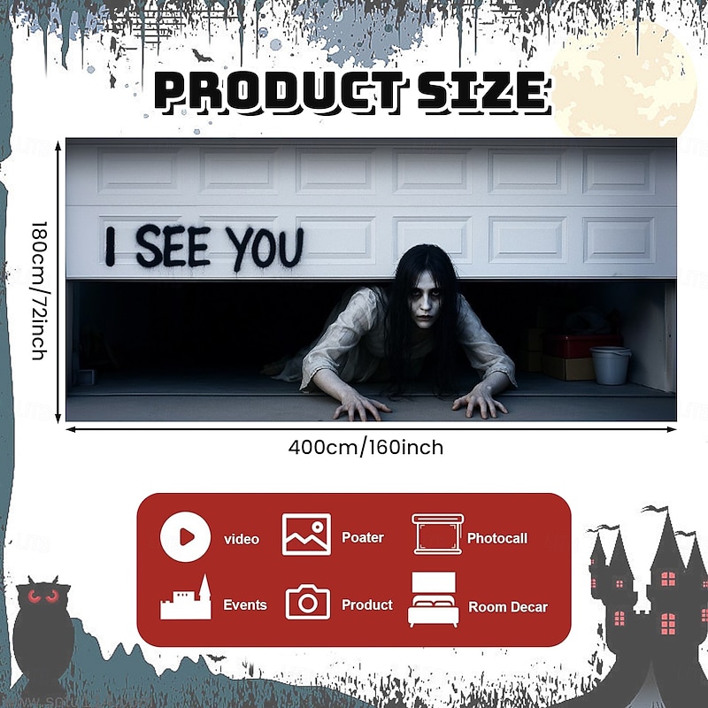Halloween Haunted Garage Door Cover, Scary Ghost with Blood Footprints and "I SEE YOU" Print, Creepy Horror Decoration for Outdoor Yard, House, or Party 20252