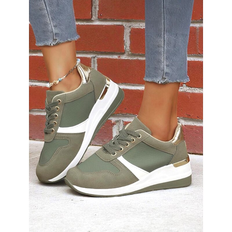 Women's Army Green Lace-Up Wedge Sneakers with Gold Accents – Casual Walking Shoes for Sporty Street Style4