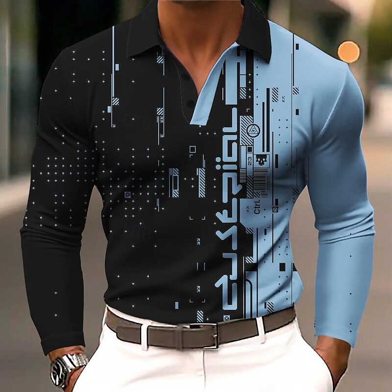 Men's Geometric Polo Long Sleeve Polo Shirts Lapel Business Casual Athleisure Daily Wear 3D Print Buttons Spring Fall Winter White Blue Purple2