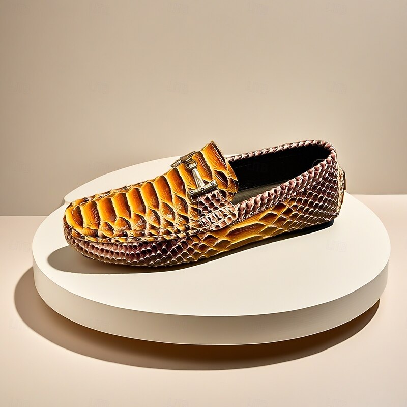 Men's Red and Orange Snake Print Loafers – Exotic Pattern Slip-On Party Shoes for Formal Events, Weddings and Nightlife3