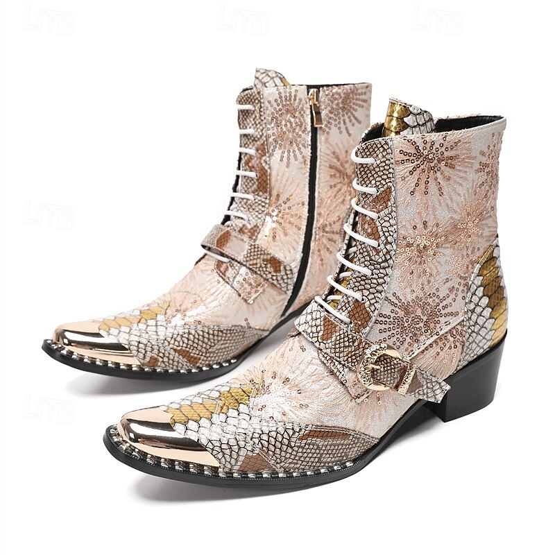 Men's Metallic Snake Print Western Boots with Studded Detailing – Fashionable and Bold Design for Festivals, Parties and Unique Occasions2