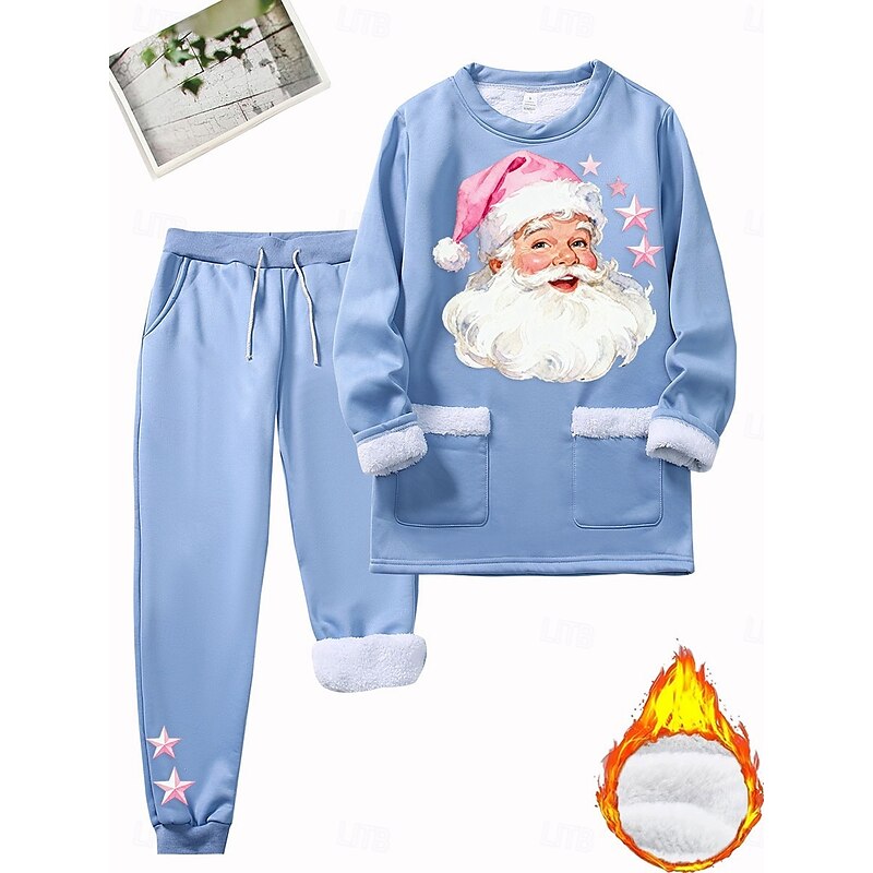 Women's Warm Daily Two Piece Sets Tracksuit Pants Sets Long Sleeve Crew Neck Ugly Christmas Drawstring Print Casual Daily Black Dark Pink Blue Fall Regular Fit4