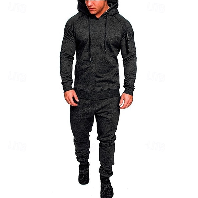 Men's 2 Piece Tracksuit Lounge Hoodie Sweatsuit Sets Solid Colored Clothing Suit Spring Dark Gray Light Grey Gym Workout Running High Waist Lightweight Fashion Long Sleeve Sport Activewear2