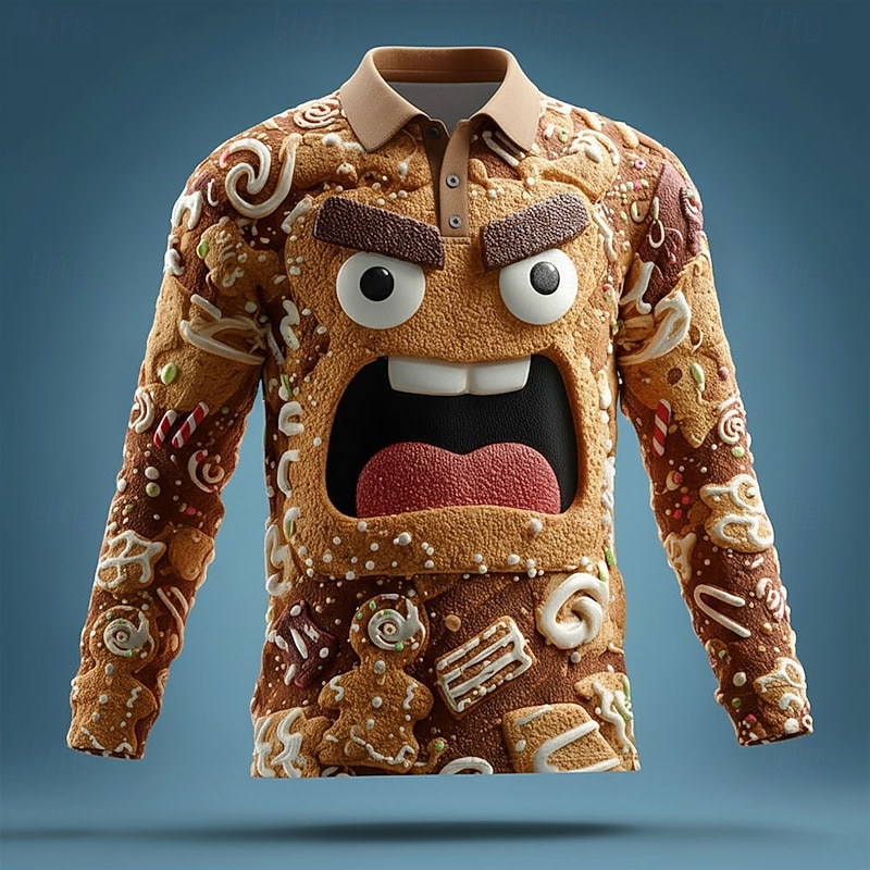 Christmas Men's Gingerbread Polo Long Sleeve Polo Shirts Lapel Casual Outdoor Athleisure Daily Wear 3D Print Buttons Spring Fall Winter Brown 1 Brown 2 Brown 32