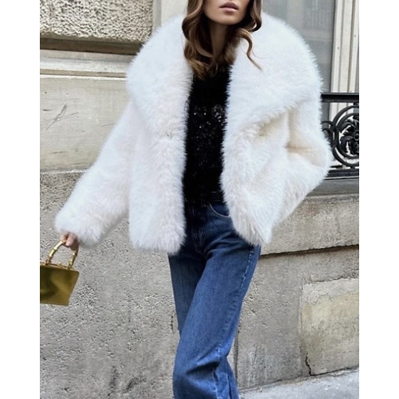 Women's Faux Fur Coat Warm Comfortable Furs & Leathers Casual Plain Street Holiday Going out Weekend Regular Turndown Regular Fit Long Sleeve Outerwear White Fall Winter3