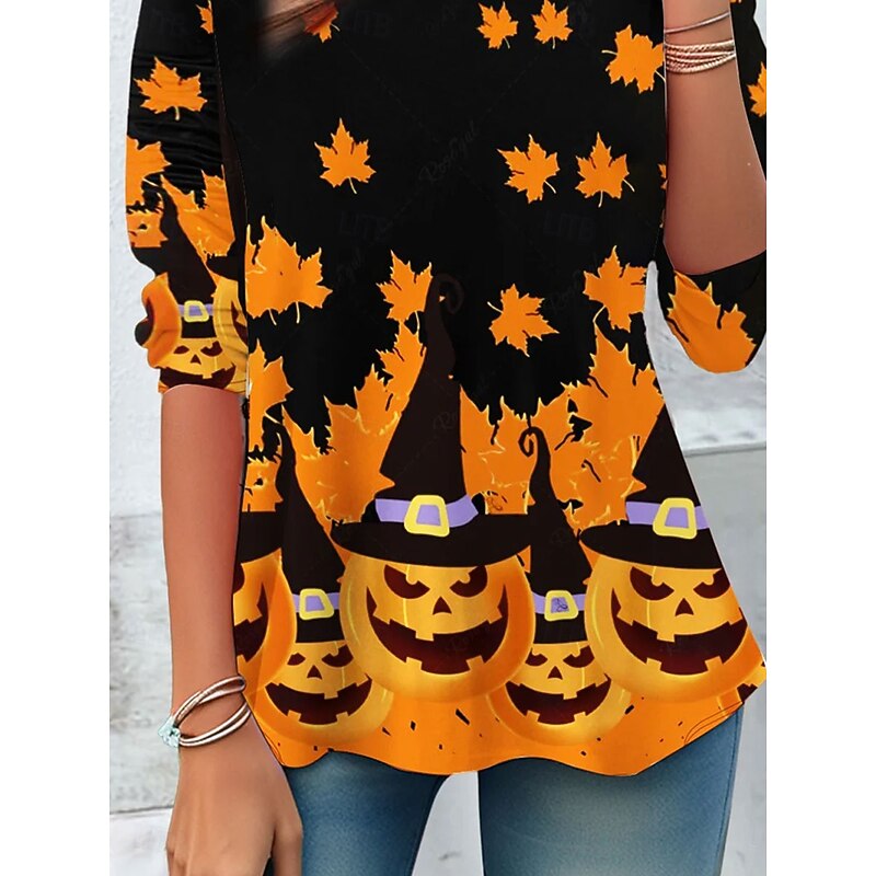 Halloween Women's T Shirt Graphic Pumpkin Vintage Fashion Stylish Long Sleeve Crew Neck Regular Tops Daily Weekend Print Orange Spring Fall Winter3