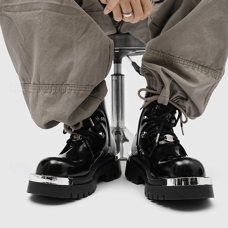 Men's Black Shiny Gothic Platform Boots Lace-Up Punk Combat Boots with Metal Plate Accents for Halloween Parties, Cosplay Events and Rock Stage Shows4