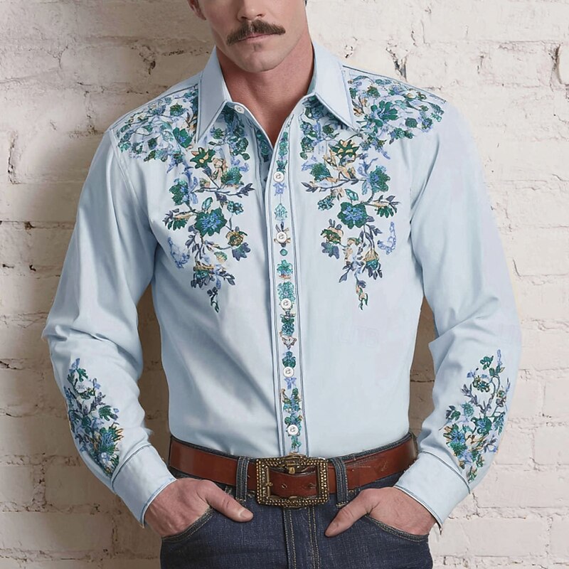 Men's Floral Print Ethnic Flowers Shirt Western Shirt Cowboy Shirt Long Sleeve Vintage Retro Outdoor Vacation Spring Fall Turndown 3D Print Linen Like Shirt Light Green Blue Purple Beige3