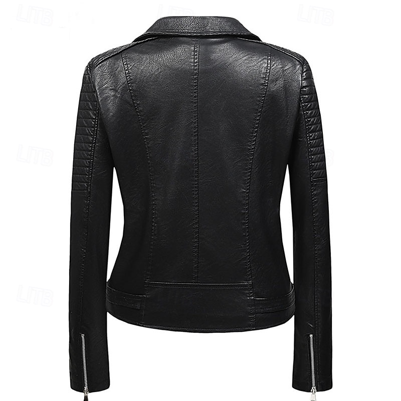 Women's Faux Leather Jacket Warm Comfortable Zipper Pocket Casual Solid Color Vacation Street Casual Daily Wear Short Turndown Regular Fit Long Sleeve Outerwear Black Red Brown Spring Fall4