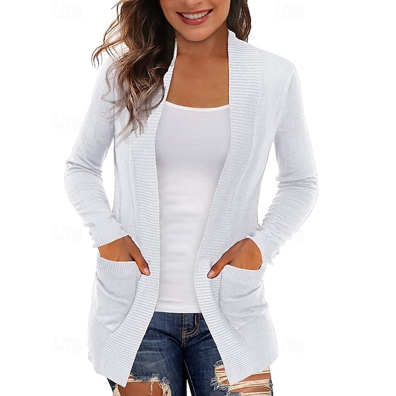 Women's Sweater Cardigan Streetwear Casual Solid Color V Neck Knitted Long Sleeve Regular Tops Knit Holiday Going out Weekend Black White Spring Fall
