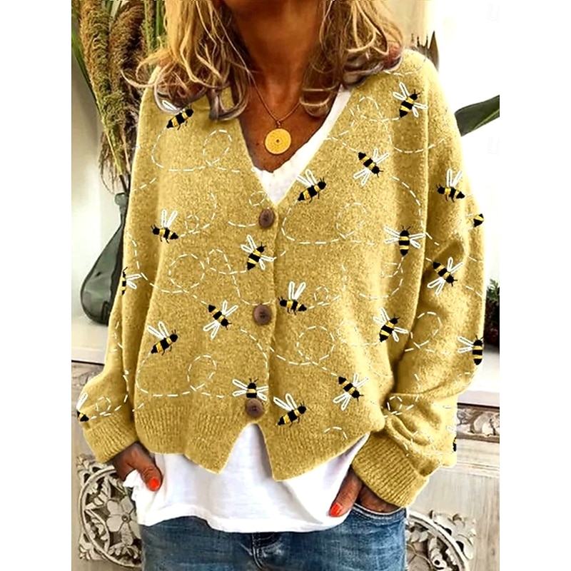 Women's Sweater Cardigan Elegant Vintage Fashion Floral Graphic Butterfly V Neck Pocket Knitted Print Long Sleeve Regular Tops Knit Outdoor Daily Weekend Ginger Green Fall Winter2