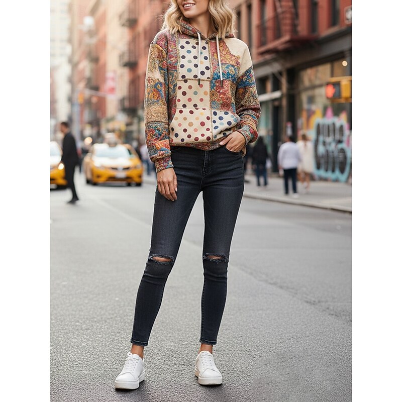 Women's Pullover Hoodies Plaid Polka Dot Fashion Streetwear Casual Long Sleeve Hooded Regular Tops Dailywear Casual Sports Drawstring Pocket Print Khaki Spring Fall3