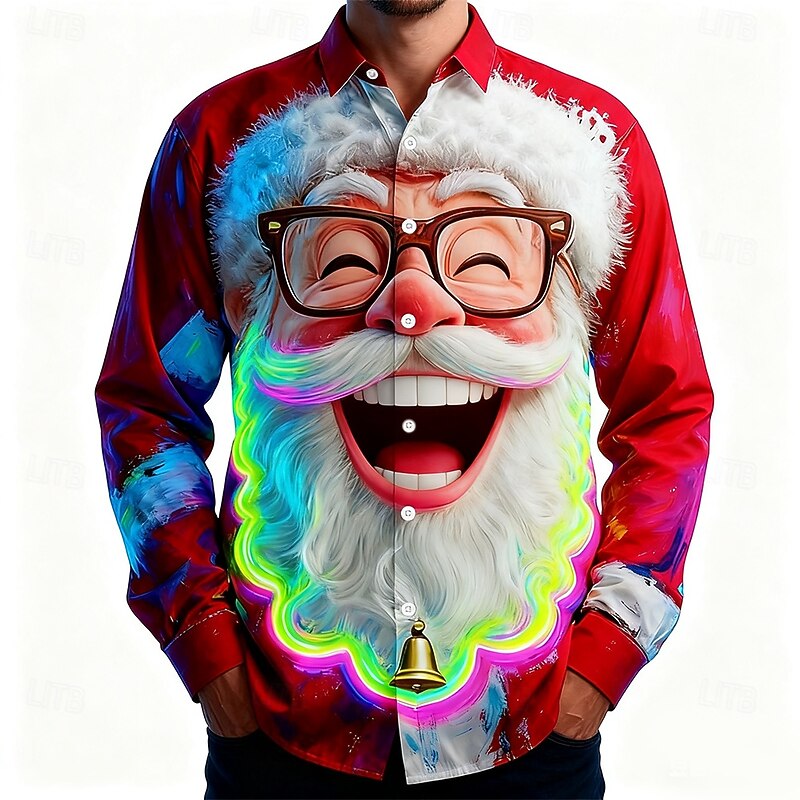 Christmas Men's Santa Claus Smile Face Neon Glow Shirt Button Up Shirt Long Sleeve Funny Outdoor Holiday Spring Fall Turndown 3D Print Collared Shirts Red 1 Red 3 Red Red 24