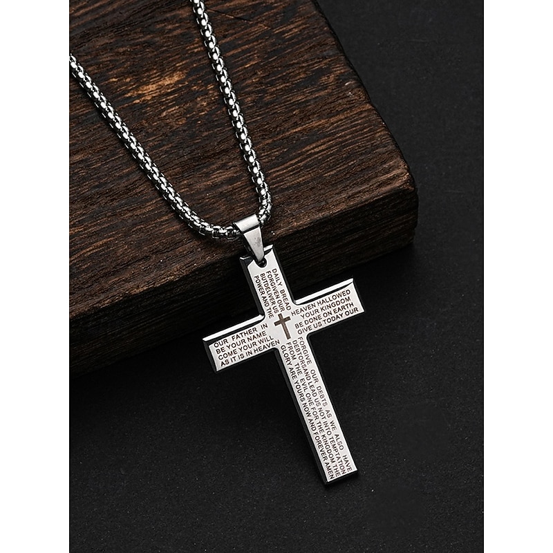Men's Titanium Steel Cross Pendant Necklace with Lord's Prayer Engraving, Religious Jewelry Chain for Christian Faith, Daily Wear and Gifts4