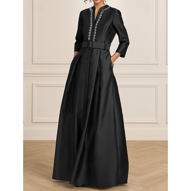 Black A-Line Evening Gown Elegant Formal Dress Formal Wedding Floor Length 3/4 Length Sleeve V Neck Stretch Satin with Crystals 2025 - Main Image