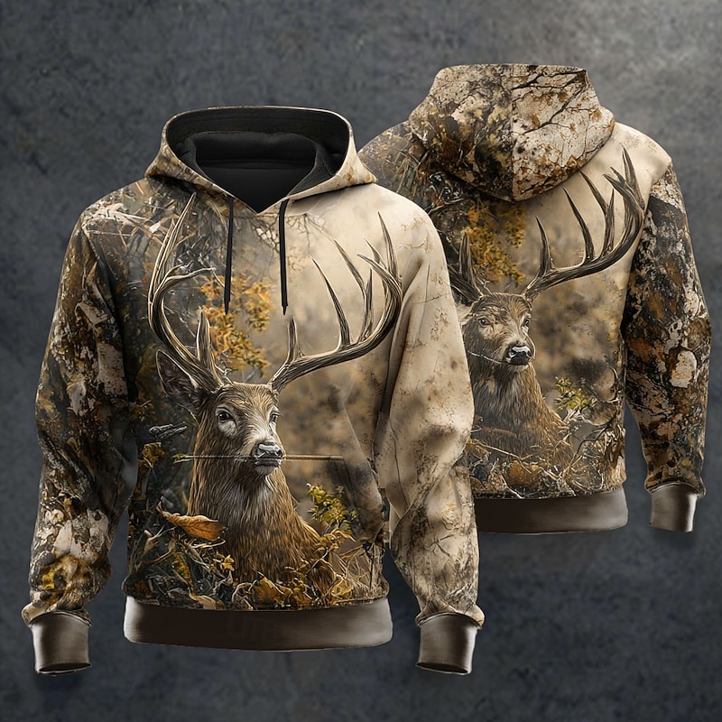Men's Deer Hoodie Sweatshirt Fashion Classic Crew Neck Outdoor Hunting Yellow Red Drawstring Fall Winter Designer