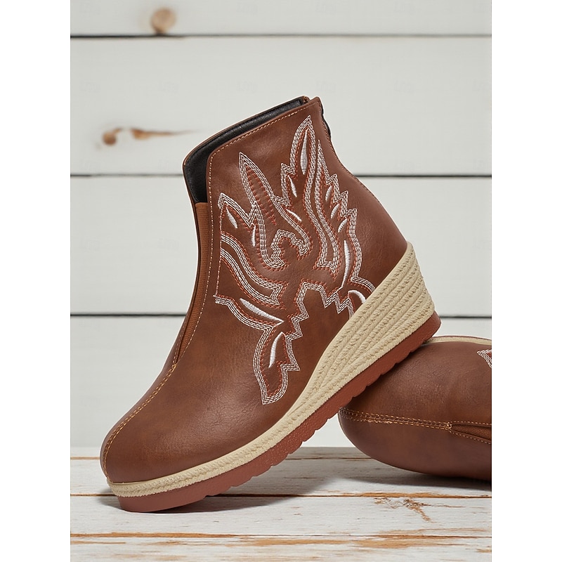Women's Brown Wedge Ankle Boots – Faux Leather Embroidered Platform Booties for Casual Wear and Boho Outfits