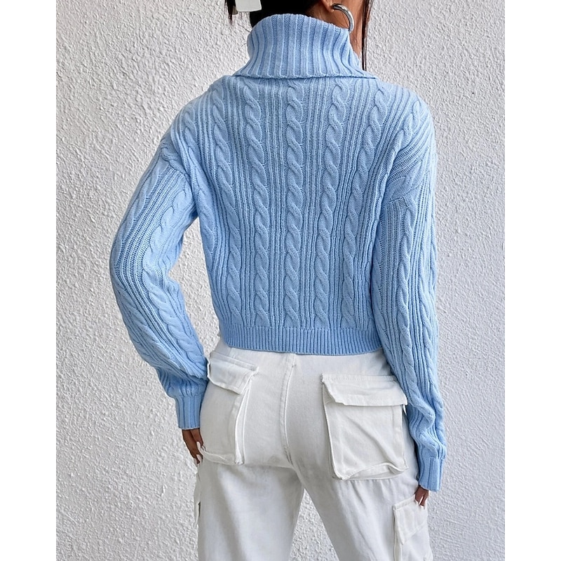 Women's Sweater Pullover Fashion Casual Pure Color Ribbed Turtleneck Knitted Long Sleeve Crop Tops Knit Outdoor Daily Weekend Blue Fall Winter2