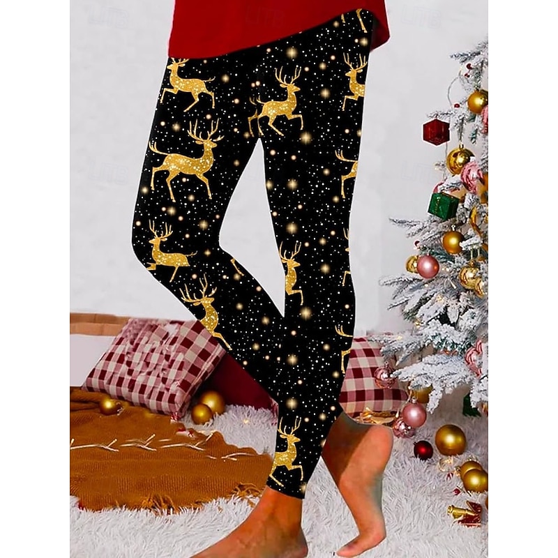 Women's Leggings Vacation Vintage Ethnic Style Full Length High WaistPantsUgly Christmas Graphic Elk Snowflake 3D Print Quick Dry Breathability Soft Stretchy Outdoor Home Causal Black Yellow Red3