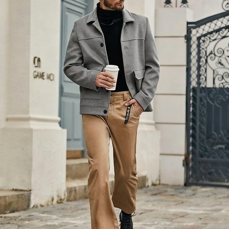 Men's Lightweight Jacket Casual Jacket Vacation Daily Breathable Pocket Fall Winter Plain Fashion Classic Lapel Regular Gray Jacket4