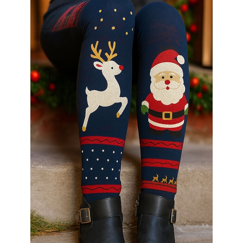Women's Leggings Vacation Vintage Ethnic Style Full Length High WaistPantsUgly Christmas Graphic Santa Claus Elk 3D Print Quick Dry Breathability Soft Stretchy Outdoor Home Causal Navy Blue Green
