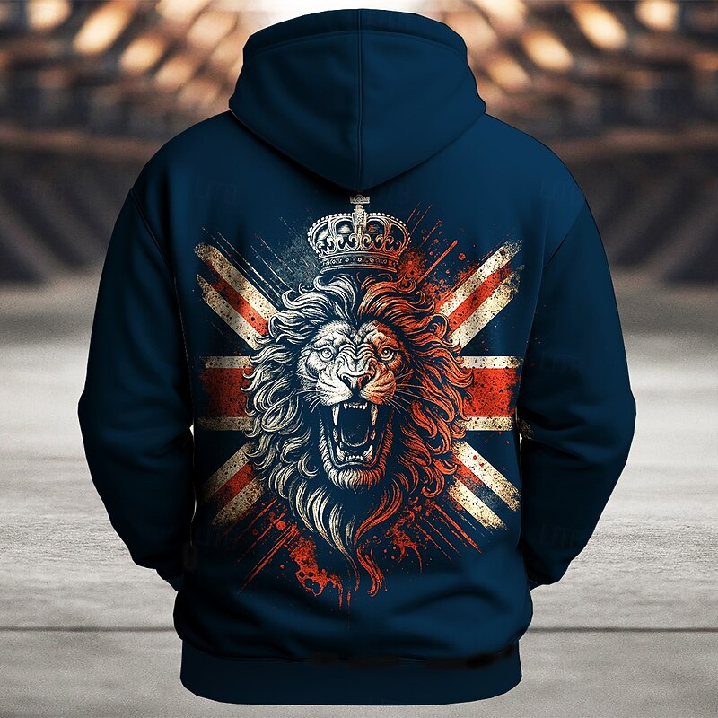 Men's Flag Lion UK Hoodie Sweatshirt Sports Fashion Crew Neck Outdoor Office Streetwear Black Blue Drawstring 3D Fall Winter Designer4