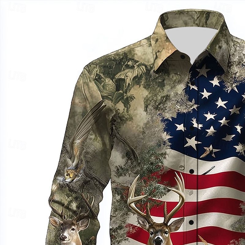 Men's Reindeer Camouflage US Flag Shirt Button Up Shirt Long Sleeve Vintage Retro Outdoor Camping & Hiking Hunting Spring Fall Turndown 3D Print Linen Like Shirt Green 1# Green 2# Green2