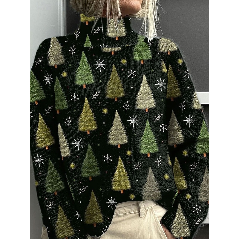Women's Sweater Elegant Fashion Streetwear Graphic Tree Turtleneck Knitted Long Sleeve Regular Tops Knit Work Going out Black Red Fall Winter2