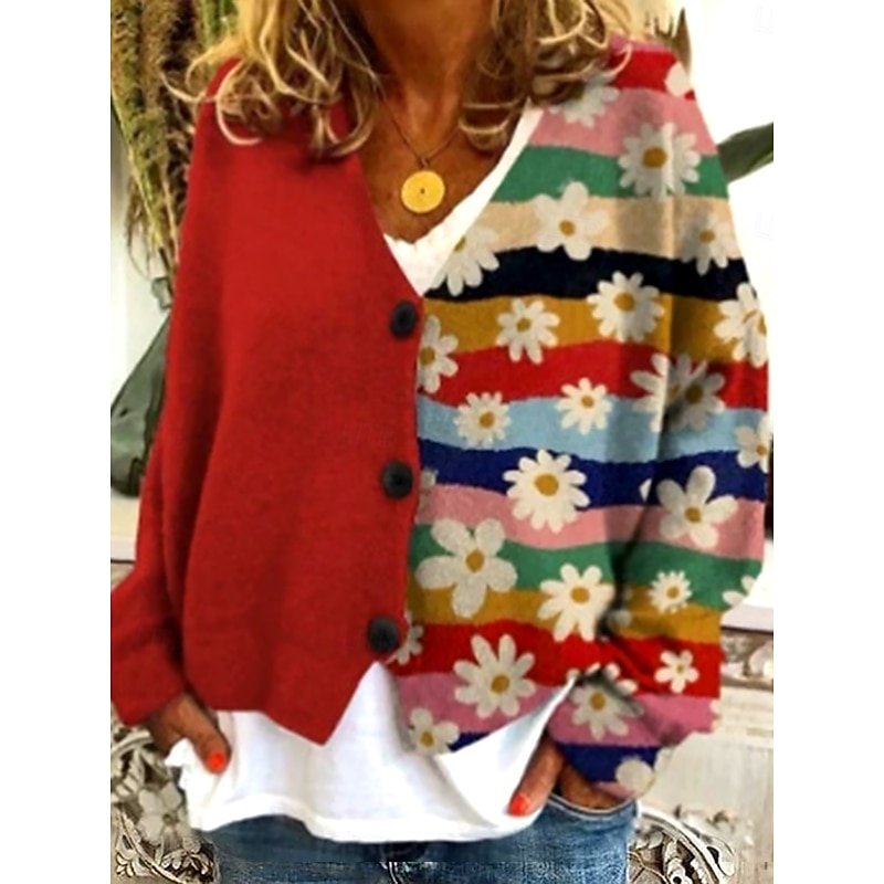 Women's Sweater Cardigan Elegant Vintage Fashion Floral Geometric Striped V Neck Pocket Knitted Print Long Sleeve Regular Tops Knit Outdoor Daily Weekend Red Purple Fall Winter3