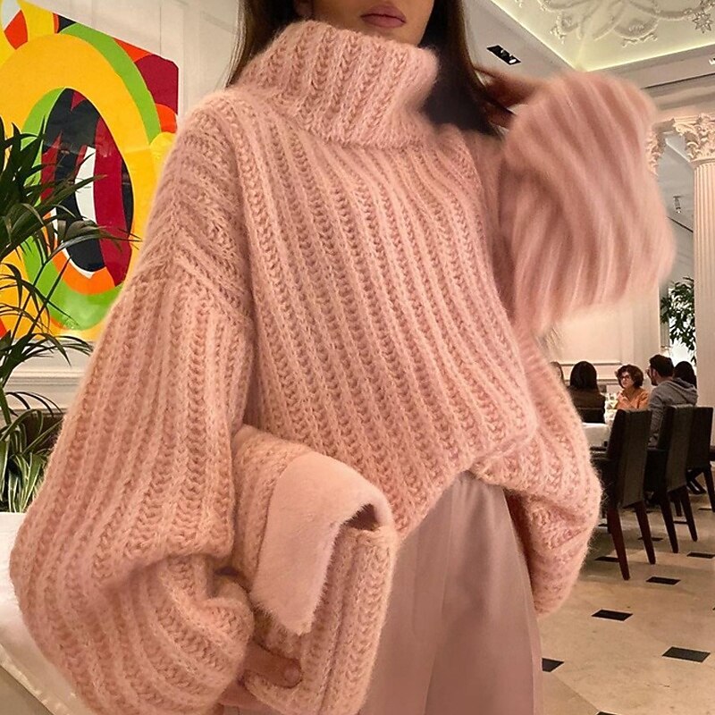 Women's Sweater Pullover Daily Stylish Casual Solid Color Ribbed Turtleneck Knitted Long Sleeve Regular Tops Knit Daily Holiday Going out White Pink Fall Winter3