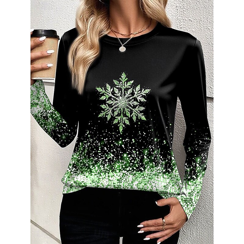 Christmas Women's T Shirt Graphic Snowflake Vintage Fashion Stylish Long Sleeve Crew Neck Round Neck Regular Tops Daily Weekend Print Pink Blue Purple Gold Green Summer Spring Fall Winter4
