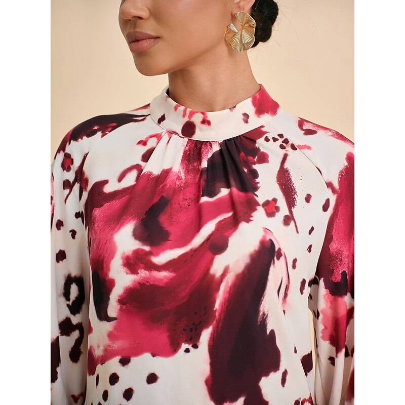 Women's Blouse Wine Abstract Print Standing Collar Casual Elegant Bohemian Vacation Spring Summer2