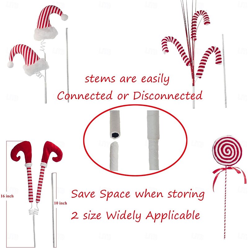 4 Pcs Christmas Elf Leg Tree Picks Ornaments, DIY Xmas Tree Decorations with Knitted Hat, Candy Cane and Lollipop Holiday Filler Decor Accessories3
