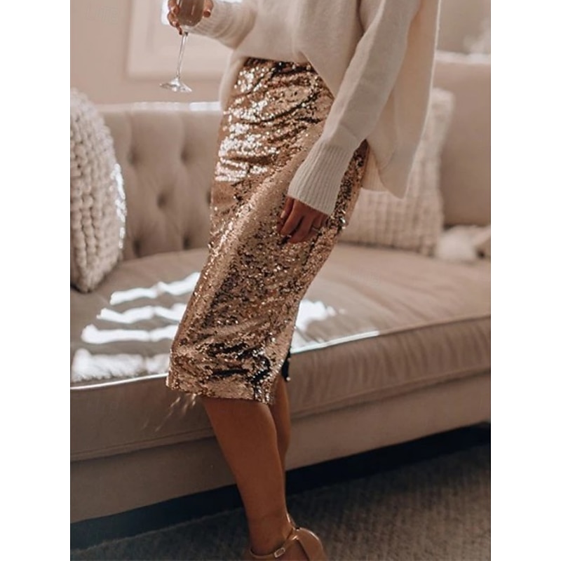 Women's Skirt Bodycon Fashion Casual Knee-length High Waist Skirts Plain Sequins Micro-elastic Party Street Black Champagne Spring Polyester2