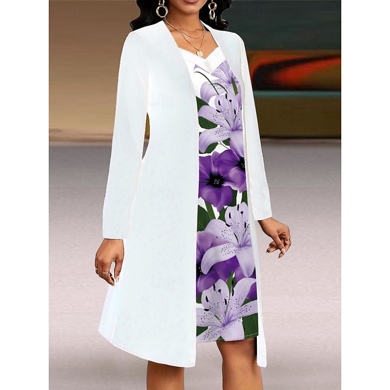 Women's Midi Dress A Line Dress Casual Daily Regular Fit Floral Long Sleeve V Neck Purple Summer Spring Fall3