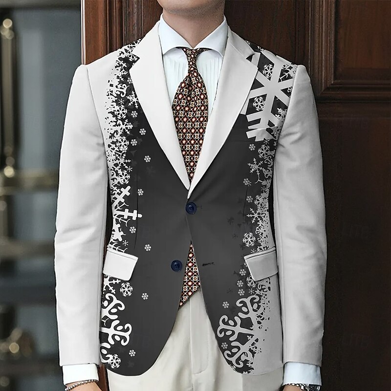 Men's Blazer Coat Christmas Outdoor Casual Casual Daily British Fall / Winter 100% Polyester Snowflake 3D Print Buttons Thermal Warm Comfortable Single Breasted Blazer Black Light Green Red Purple4