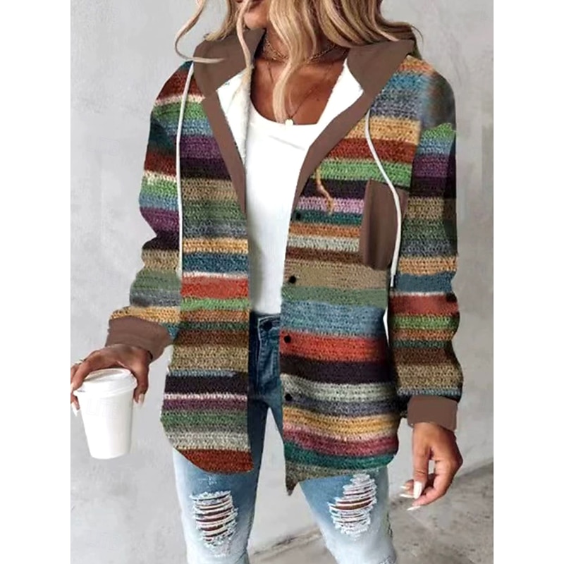 Women's Pullover Hoodie Sweatshirt Graphic Geometric Striped Casual Boho Long Sleeve Hooded Regular Tops Street Dailywear Casual Print Maroon Brown Gray Fall Winter3