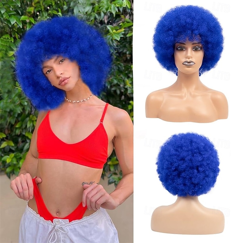 Short Afro Wigs for Black Women Big Bouncy Fluffy Afro Kinky Curly Wig Premium Synthetic Soft Natural Looking Blue Curly Afro Wig 70s