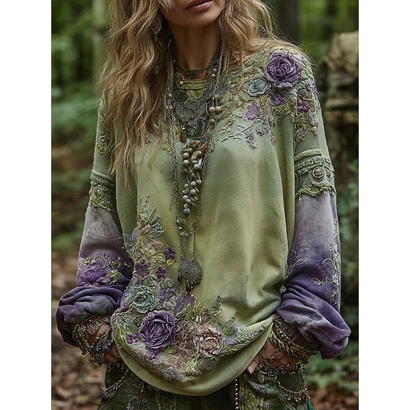 Women's 3D Print Vintage Boho Hoodie Patchwork Hoodie Sweatshirt Floral Pullover Sweatshirt Warm Active Vintage Street Dailywear Casual Patchwork Print Purple Green Spring Fall Winter
