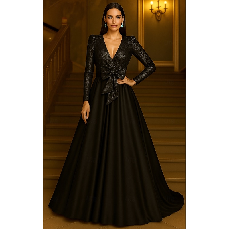 Black Tie A-Line Evening Gown Elegant Formal Dress Formal Wedding Floor Length Long Sleeve V Neck Pocket Satin with Bow(s) Ruched 2025