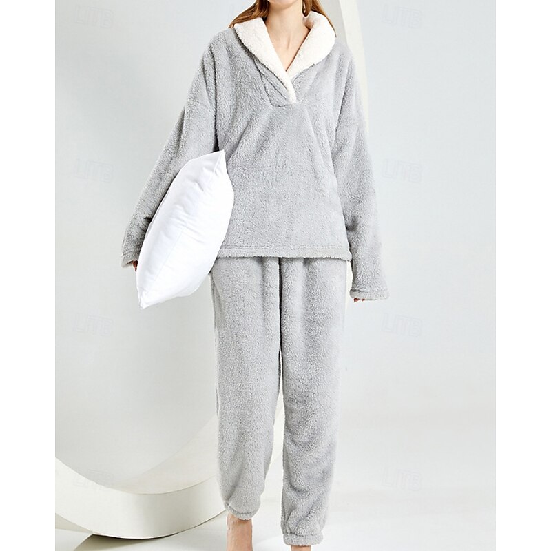 Women's Loungewear Pajama Set Casual Pure Color Elastic Waist Pullover Pant Vacation Home Long Sleeve V Neck Black Wine Purple Rose Red Beige Winter Loose Fit3