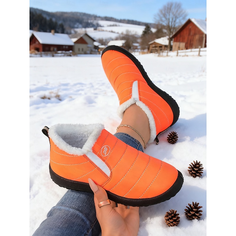 Women's Orange Waterproof Snow Boots with Warm Plush Lining, Lightweight Slip-On Winter Shoes for Outdoor Cold Weather & Halloween Style
