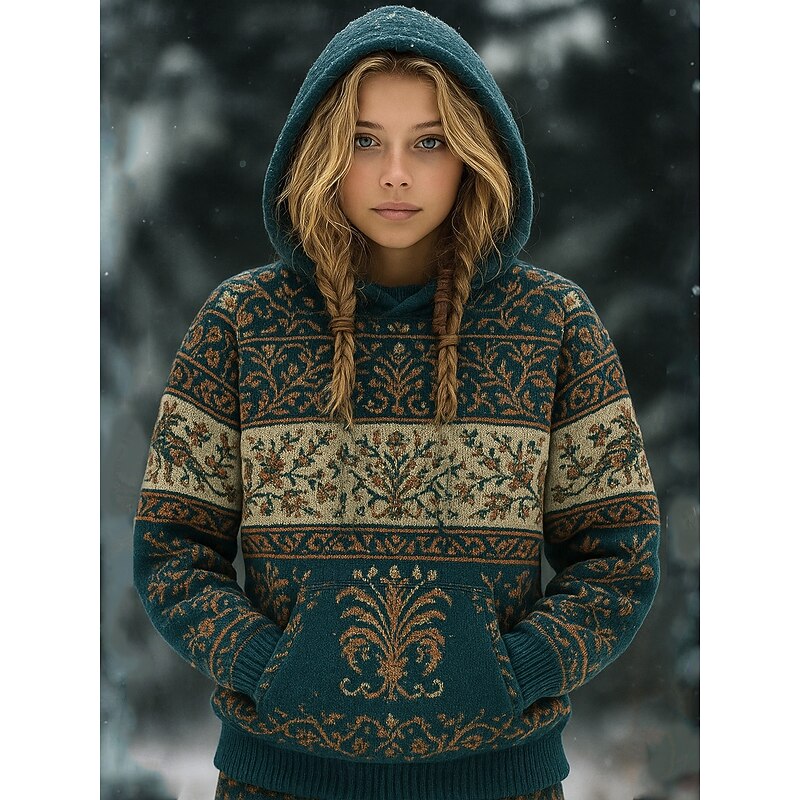 Vintage Viking Women's Pullover Hoodie Sweatshirt Graphic Geometric Warm Vintage Western Long Sleeve Hooded Regular Tops Street Print Front Pocket Black Dark Green Green Spring Fall Winter #2