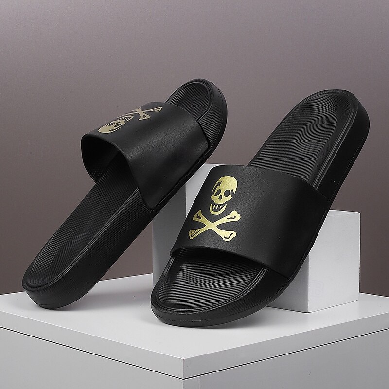 Men's Halloween Skull Slide Sandals – Black Slip-On Casual Slippers with Skull Print, Comfortable Anti-Slip Sole for Party, Costume and Indoor Wear3