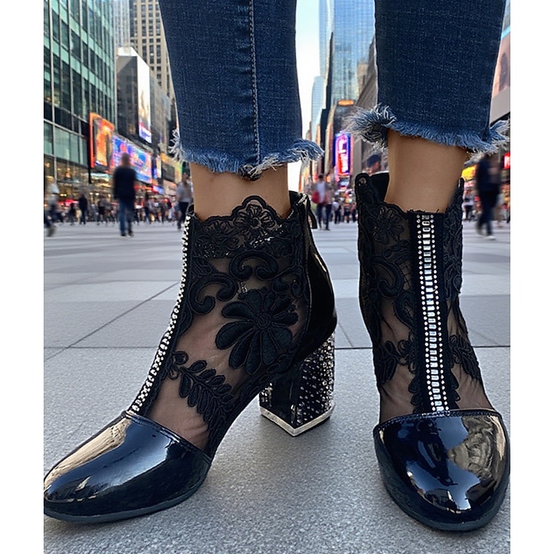 Women's Pink Lace Ankle Boots with Rhinestones Cute Floral Design Comfortable Dressy Shoes 9