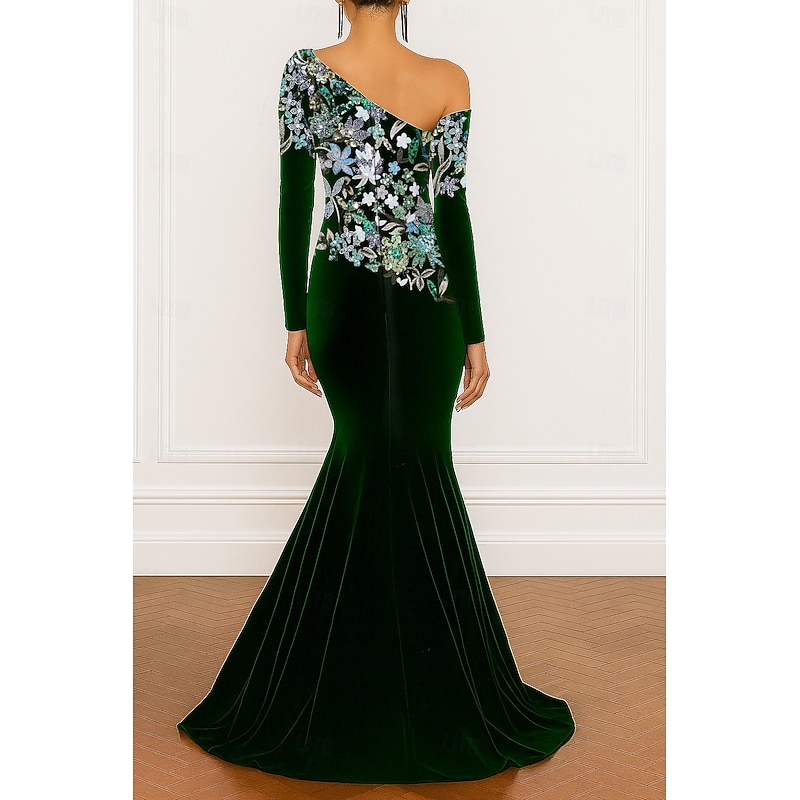 Green Mermaid / Trumpet Evening Gown Elegant Formal Dress Formal Wedding Floor Length Long Sleeve One Shoulder Velvet with Embroidery Appliques 20252