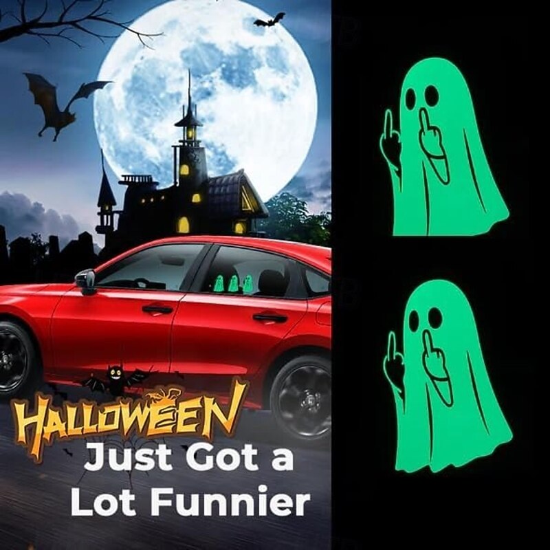 4/5pcs Glowing Ghost Middle Finger Sticker Funny Halloween Ghost Decoration Glow-in-The Dark Ghosts Prank Sticker Waterproof Luminous Ghosts Vinyl Car Decal for Window Clings Home Decor