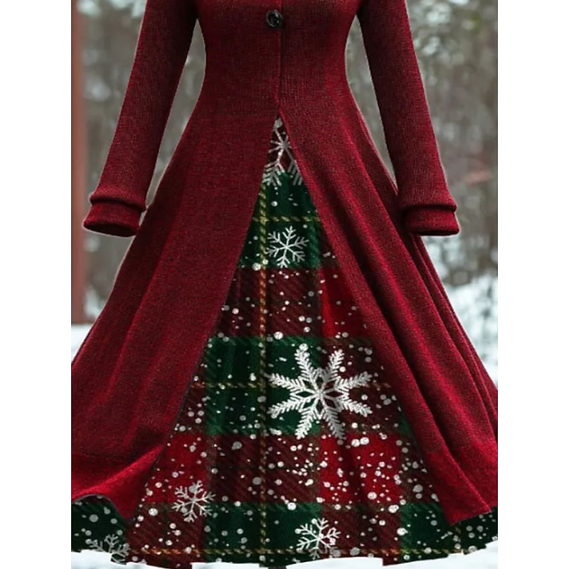 Christmas Women's Maxi Dress A Line Dress Vintage Casual Regular Fit Geometric Snowflake Long Sleeve Hooded Red Fall Winter3