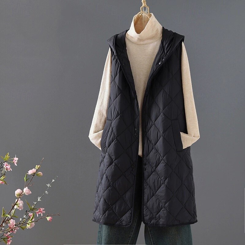 Women's Puffer Jacket Quilted Jacket Casual Jacket Waterproof Comfortable Zipper Buttons Casual Plain Vacation Street Casual Daily Wear Single Breasted Long Hooded Regular Fit Sleeveless Outerwear3