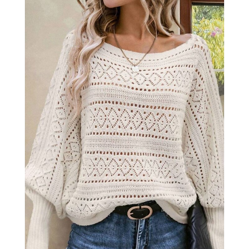 Women's Sweater Pullover Streetwear Casual Solid Color Off Shoulder Hollow Out Knitted Batwing Sleeve Long Sleeve Regular Tops Knit Daily Going out Weekend Beige Fall Winter3